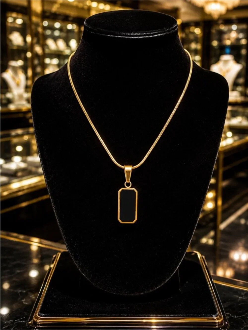 Gold tone double sided Pendant Necklace with Black and White Natural Inlay